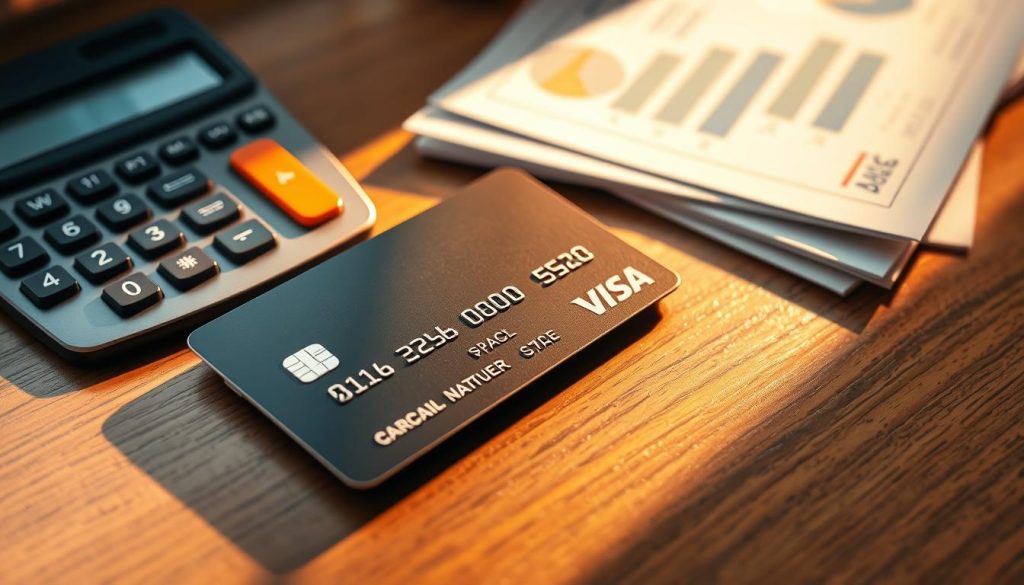 A close-up view of a credit card placed on a wooden desk, prominently showing its numbers and expiration date. In the background, soft focus on a calculator displaying interest rates, lending a sense of financial management. Incorporate a blurred stack of financial papers with charts and graphs to illustrate budgeting and APR calculations. The lighting is warm and inviting, casting gentle shadows, creating a professional and organized atmosphere. The camera angle is slightly above the desk, looking down, emphasizing the credit card and calculator. The mood conveys a sense of responsibility and careful financial planning, suitable for readers interested in managing their credit card fees.