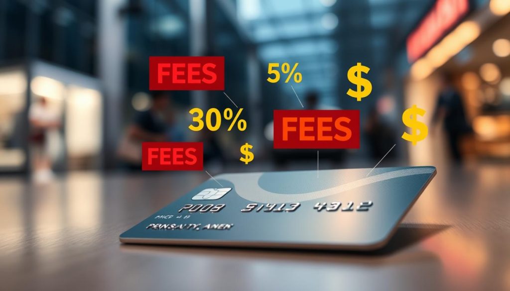 A close-up view of a credit card with a digital overlay illustrating various fees, such as transaction fees and penalty charges, highlighted in red and yellow tones. In the foreground, a sleek, modern credit card in focus, displaying a glowing metallic surface reflecting light. In the middle ground, visual representations of fees—like percentage symbols and dollar signs—floating around the card in a semi-transparent manner. The background features a blurred image of a busy urban environment, suggesting commerce and financial activity, with soft, diffused lighting that creates a professional atmosphere. The mood is serious yet informative, emphasizing the importance of awareness regarding credit card fees.