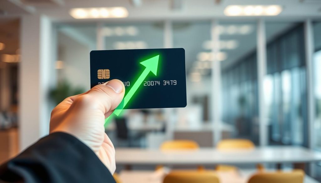 A close-up view of a hand holding a credit card with an upward-moving arrow symbolizing lowered interest rates, set against a blurred office backdrop. In the foreground, the hand, dressed in a professional business attire, elegantly presents the card. In the middle, the upward arrow is graphically integrated into the scene, glowing with green tones to evoke a sense of financial optimism. The background features a modern office environment with soft lighting that highlights the contrast between the card and the arrow, creating a warm, inviting atmosphere. Use a shallow depth of field to draw focus to the credit card while gently blurring the office elements. The mood should convey hope and financial empowerment.