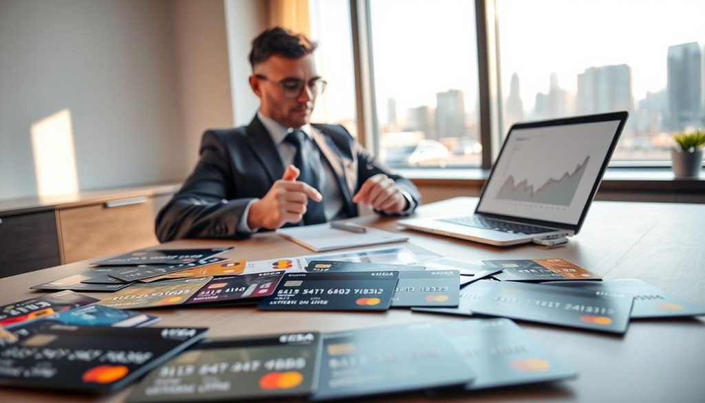 A detailed and engaging scene showcasing a credit card comparison table in a modern office setting. In the foreground, various credit cards laid out neatly, each with distinct designs highlighting features like rewards, interest rates, and fees. In the middle ground, a professional businessperson in smart attire is examining the cards, analyzing the information with a focused expression. The background features a sleek desk with a laptop open displaying a graph of credit trends, along with a stylish window revealing a city skyline bathed in warm afternoon light. The overall mood is analytical and informative, evoking a sense of professionalism and careful decision-making. Natural lighting casts soft shadows, enhancing the textures of the cards and the workspace. A detailed and engaging scene showcasing a credit card comparison table in a modern office setting. In the foreground, various credit cards laid out neatly, each with distinct designs highlighting features like rewards, interest rates, and fees. In the middle ground, a professional businessperson in smart attire is examining the cards, analyzing the information with a focused expression. The background features a sleek desk with a laptop open displaying a graph of credit trends, along with a stylish window revealing a city skyline bathed in warm afternoon light. The overall mood is analytical and informative, evoking a sense of professionalism and careful decision-making. Natural lighting casts soft shadows, enhancing the textures of the cards and the workspace.