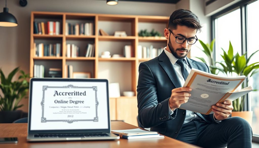A modern and inviting online learning environment, featuring a sleek workspace with a laptop displaying an accredited online degree certificate. In the foreground, a well-dressed individual, wearing professional business attire, reviews course materials and notes, showcasing a focused expression. The middle ground captivates with an open bookshelf filled with educational books and online learning resources. In the background, a large window lets in soft, natural light, emphasizing a bright and optimistic atmosphere. The overall color palette is warm and welcoming, with hints of green plants enhancing the ambiance. The mood is one of determination and success, capturing the essence of pursuing a credible online degree program. Capture this scene from a slight angle, enabling a dynamic view of both the individual and the workspace.