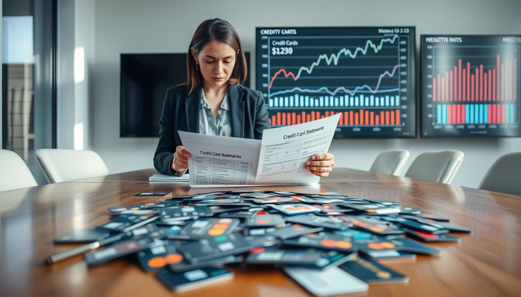 A modern office setting with a polished wooden conference table in the foreground, covered with various credit cards spread out in a disarray, highlighting different fees and interest rates. In the middle ground, a professional businesswoman, dressed in a smart blazer and blouse, is intently examining a document titled "Credit Card Statements," with a concerned expression on her face as she notes down key points. In the background, a large digital screen displays animated graphs and charts depicting fluctuating interest rates and fees. Soft, natural lighting filters through large windows, casting gentle shadows, creating a serious yet focused atmosphere. The composition captures the essence of understanding and navigating through credit card complexities, emphasizing the importance of careful financial management.