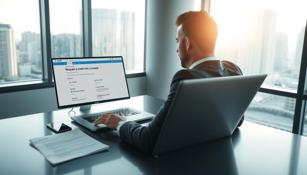 A modern office setting with a professional business person sitting at a sleek desk, looking at a laptop screen with a focused and determined expression. In the foreground, there are paperwork and a smartphone on the desk, symbolizing the process of requesting a credit limit increase. The middle of the image captures the laptop screen displaying a bank website with options for credit limit management. In the background, large windows reveal a bright city skyline, symbolizing financial growth and opportunities. Soft, natural lighting floods the room, creating an optimistic and productive atmosphere. The angle is slightly elevated, giving a comprehensive view of the workspace while maintaining a sense of intimacy in the scene. The mood conveys empowerment and a proactive approach towards financial management. A modern office setting with a professional business person sitting at a sleek desk, looking at a laptop screen with a focused and determined expression. In the foreground, there are paperwork and a smartphone on the desk, symbolizing the process of requesting a credit limit increase. The middle of the image captures the laptop screen displaying a bank website with options for credit limit management. In the background, large windows reveal a bright city skyline, symbolizing financial growth and opportunities. Soft, natural lighting floods the room, creating an optimistic and productive atmosphere. The angle is slightly elevated, giving a comprehensive view of the workspace while maintaining a sense of intimacy in the scene. The mood conveys empowerment and a proactive approach towards financial management.