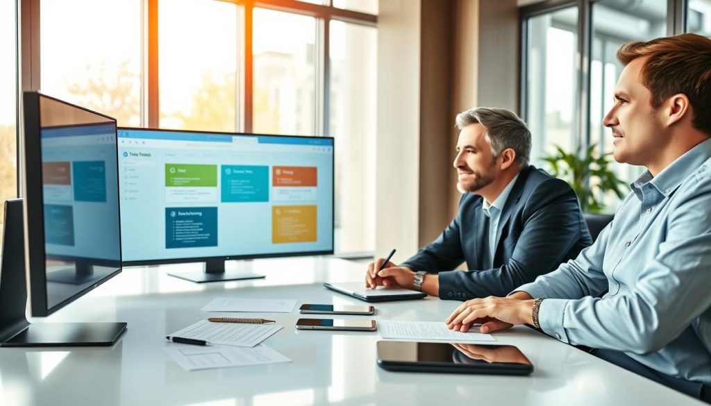A modern office workspace featuring a diverse group of three people—one woman and two men—sitting at a sleek desk, engaged in a web-based training program on a large monitor. The foreground showcases their focused expressions and the glowing screen with colorful training modules. In the middle, there are notes and devices like tablets and laptops, illustrating the tech-savvy environment. The background includes large windows with soft sunlight pouring in, creating a bright and inviting atmosphere. The overall mood is one of motivation and productivity, emphasizing learning and collaboration. The individuals are dressed in professional business attire, ensuring a polished and respectful presentation. The composition is captured from a slightly elevated angle, adding depth and perspective.