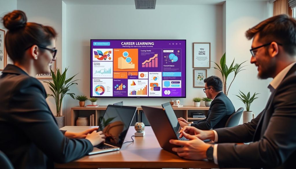 A modern, virtual classroom setting, emphasizing online learning for career advancement. In the foreground, a diverse group of three professionals, a woman in smart-casual attire and two men in business suits, are engaged with their laptops, actively participating in an online course. The middle ground features a large screen displaying a vibrant, interactive learning platform filled with graphics and charts related to career growth. The background shows a sleek, well-organized home office with motivational posters and plants, creating an inspiring atmosphere. Soft, warm lighting illuminates the scene, emphasizing a sense of focus and ambition. The overall mood is optimistic and productive, capturing the essence of maximizing online education for professional development.