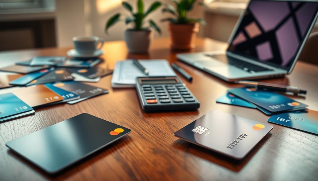 A professional, clean workspace filled with various credit cards spread out on a polished wooden table. In the foreground, focus on two distinct credit cards placed side by side, showcasing their glossy surfaces and unique designs. In the middle ground, include a small calculator, a notepad with financial notes, and a pen, emphasizing the comparison aspect. The background features a softly blurred laptop and a potted plant, creating an inviting atmosphere. Use natural, warm lighting to enhance the work environment, casting gentle shadows for depth. The overall mood is informative and organized, highlighting responsible credit card management without any clutter or distractions. A professional, clean workspace filled with various credit cards spread out on a polished wooden table. In the foreground, focus on two distinct credit cards placed side by side, showcasing their glossy surfaces and unique designs. In the middle ground, include a small calculator, a notepad with financial notes, and a pen, emphasizing the comparison aspect. The background features a softly blurred laptop and a potted plant, creating an inviting atmosphere. Use natural, warm lighting to enhance the work environment, casting gentle shadows for depth. The overall mood is informative and organized, highlighting responsible credit card management without any clutter or distractions.