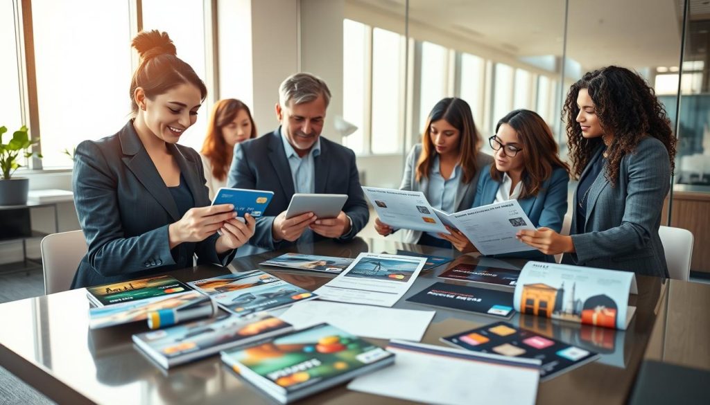 A professional scene depicting a diverse group of individuals analyzing various credit card rewards programs. In the foreground, a smartly dressed businesswoman examines a credit card with reward points graphics, while a businessman beside her uses a tablet to show graphs of maximizing rewards. In the middle, a large table displays brochures and documents about different credit cards featuring enticing images of travel, cash back, and gift options. The background has a modern office setting with a large window letting in soft, warm natural light, creating an optimistic atmosphere. The angle is slightly elevated, giving a clear view of the group’s engaged discussion, emphasizing collaboration and enlightenment regarding credit card rewards.