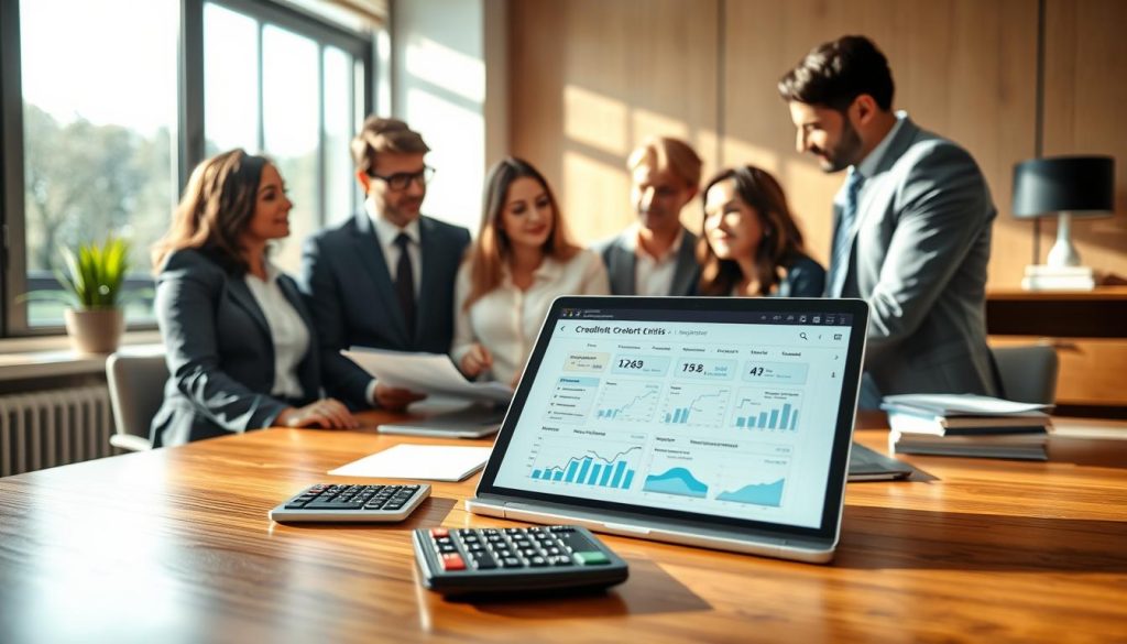 A professional setting focusing on a financial advisor's workspace. In the foreground, a diverse group of individuals reviewing a credit report together, with one person in a suit and others in smart casual attire, looking focused and engaged. The middle layer showcases a polished wooden desk with a laptop open, displaying charts and graphs related to credit limits. A calculator and financial documents are neatly arranged beside it. In the background, a large window allows natural light to flood the room, casting soft shadows that create a warm and inviting atmosphere. The overall mood is collaborative and optimistic, emphasizing financial empowerment and proactive steps towards improving credit limits. Use a soft depth of field to highlight the individuals while gently blurring the background, creating an intimate, yet professional environment. A professional setting focusing on a financial advisor's workspace. In the foreground, a diverse group of individuals reviewing a credit report together, with one person in a suit and others in smart casual attire, looking focused and engaged. The middle layer showcases a polished wooden desk with a laptop open, displaying charts and graphs related to credit limits. A calculator and financial documents are neatly arranged beside it. In the background, a large window allows natural light to flood the room, casting soft shadows that create a warm and inviting atmosphere. The overall mood is collaborative and optimistic, emphasizing financial empowerment and proactive steps towards improving credit limits. Use a soft depth of field to highlight the individuals while gently blurring the background, creating an intimate, yet professional environment.