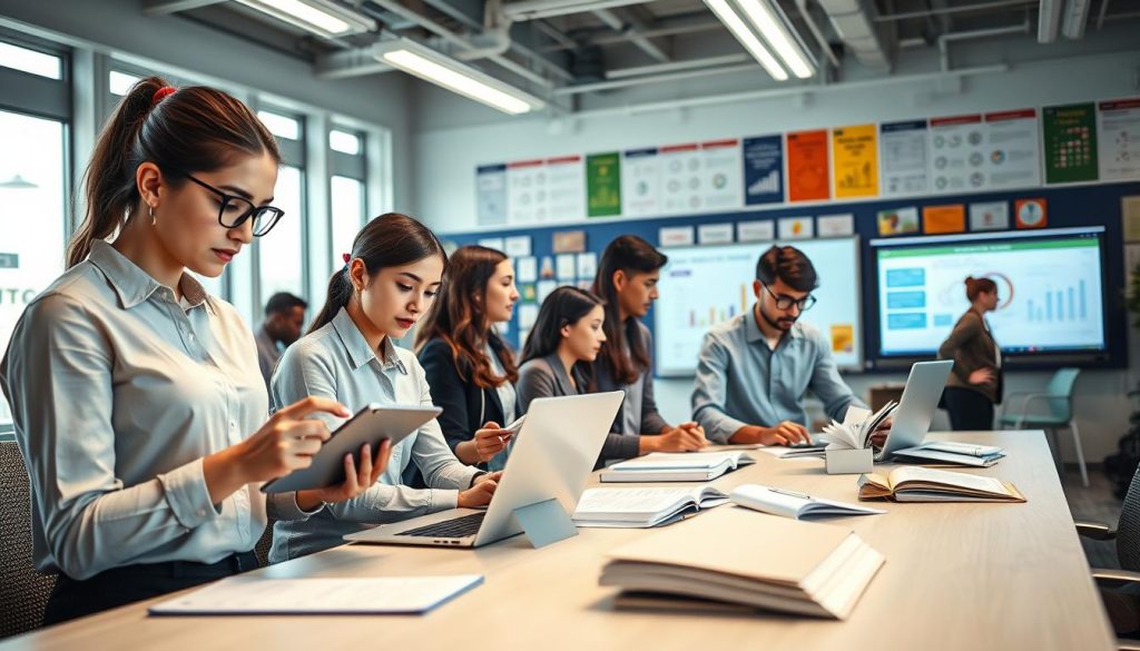 A sleek, modern office space featuring a diverse group of students engaged with various digital devices, showcasing an interactive learning management system interface on multiple screens. In the foreground, a focused young woman analyzes data on a tablet, while a young man with glasses collaborates with a laptop, both dressed in professional attire. In the middle, an expansive table is filled with textbooks and notes, illuminated by natural light streaming through large windows. The background showcases a vibrant wall filled with colorful educational posters and a digital whiteboard displaying graphs and charts. The mood is energetic yet studious, capturing the essence of innovative e-learning environments designed for student success. The lighting is bright and inviting, emphasizing clarity and focus. A sleek, modern office space featuring a diverse group of students engaged with various digital devices, showcasing an interactive learning management system interface on multiple screens. In the foreground, a focused young woman analyzes data on a tablet, while a young man with glasses collaborates with a laptop, both dressed in professional attire. In the middle, an expansive table is filled with textbooks and notes, illuminated by natural light streaming through large windows. The background showcases a vibrant wall filled with colorful educational posters and a digital whiteboard displaying graphs and charts. The mood is energetic yet studious, capturing the essence of innovative e-learning environments designed for student success. The lighting is bright and inviting, emphasizing clarity and focus.