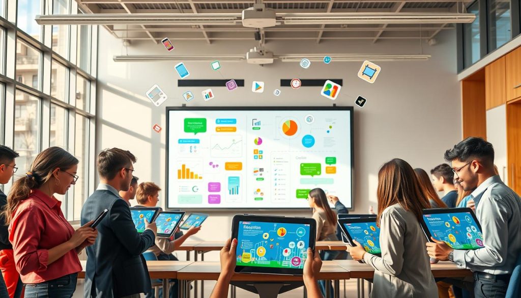 A vibrant and dynamic scene depicting interactive e-learning tools in action. In the foreground, a diverse group of students, dressed in professional and casual clothing, are engaged with tablets and laptops, displaying colorful educational software and applications. In the middle ground, a large virtual whiteboard showcases interactive diagrams and infographics, while animated icons and digital elements float around, symbolizing engagement and creativity. The background features a modern, tech-savvy classroom filled with large windows allowing natural light to flood in, creating a bright and inviting atmosphere. The overall mood is enthusiastic and inspiring, with a focus on collaboration and active participation in learning. Capture this scene from a slightly elevated angle to emphasize the tools and students, using warm, inviting lighting to evoke a sense of discovery and innovation. A vibrant and dynamic scene depicting interactive e-learning tools in action. In the foreground, a diverse group of students, dressed in professional and casual clothing, are engaged with tablets and laptops, displaying colorful educational software and applications. In the middle ground, a large virtual whiteboard showcases interactive diagrams and infographics, while animated icons and digital elements float around, symbolizing engagement and creativity. The background features a modern, tech-savvy classroom filled with large windows allowing natural light to flood in, creating a bright and inviting atmosphere. The overall mood is enthusiastic and inspiring, with a focus on collaboration and active participation in learning. Capture this scene from a slightly elevated angle to emphasize the tools and students, using warm, inviting lighting to evoke a sense of discovery and innovation.