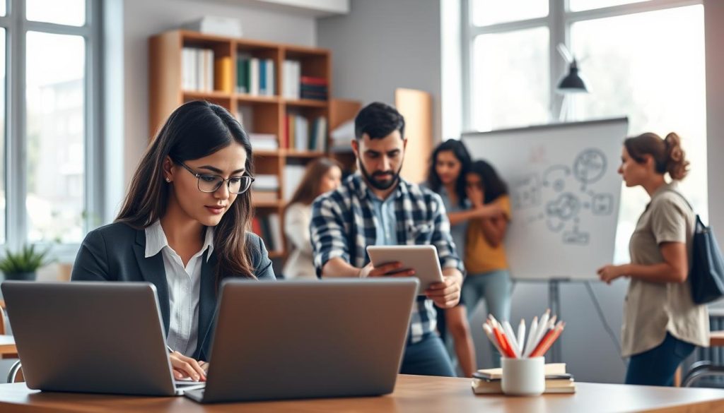 A vibrant classroom setting with diverse individuals engaging in skill-building activities. In the foreground, a young woman in professional attire is focused on her laptop, taking notes. Beside her, a middle-aged man, casually dressed, collaborates with a colleague over a tablet. In the middle ground, a group of three people brainstorm ideas on a whiteboard, showcasing teamwork and creativity. The background features shelves filled with books and learning materials, enhancing the educational atmosphere. Soft, natural light streams through large windows, creating an inviting ambiance. The scene conveys a sense of motivation, growth, and partnership, emphasizing the importance of online courses for career advancement.