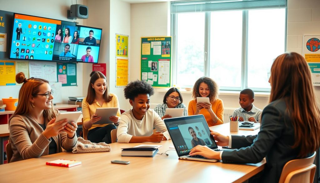 A vibrant virtual classroom scene showcasing the benefits for teachers, featuring a diverse group of educators engaging with technology. In the foreground, a teacher in professional business attire interacts with a laptop, demonstrating an interactive learning platform to students displayed on screen. In the middle, students of various ethnicities attentively participate via their tablets, depicting collaboration through video calls and digital whiteboards. The background consists of bright educational posters and a large window letting in natural light, creating an uplifting atmosphere. The overall mood is energetic and focused, emphasizing the innovative techniques used in modern teaching environments. Shot from a slightly elevated angle to capture the immersive experience, with soft, warm lighting to enhance the welcoming feel of the classroom.