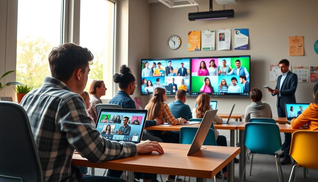 A vibrant virtual classroom setting, featuring a diverse group of students and educators engaged in a dynamic online learning experience. In the foreground, a student seated at a modern desk, focused on a laptop screen showcasing interactive lessons. The middle layer highlights a diverse group of students collaborating virtually, with screens displaying colorful educational content. In the background, a large window with soft, natural lighting illuminates the room, creating a warm and inviting atmosphere. The educators, dressed in professional attire, are guiding discussions and providing support. A wall adorned with educational posters adds an inspiring touch. The overall mood is energetic and positive, embodying the essence of e-learning's benefits in fostering collaboration and engagement. The angle captures the vibrancy and interactivity of the virtual learning environment.