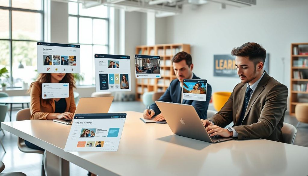 A visually engaging digital learning environment illustrating various online learning platforms. In the foreground, a diverse group of three individuals—two women and one man, dressed in professional attire—are sitting at a sleek modern table, focusing intently on their laptops. The middle ground features floating interfaces of different online platforms, showcasing elements like course lists, video thumbnails, and interactive quizzes. The background displays a bright, airy room with large windows letting in natural light, filled with bookshelves and comfortable seating areas, promoting a collaborative atmosphere. Use soft, warm lighting to enhance the inviting mood, and employ a wide-angle lens to capture the essence of an inspiring learning space.