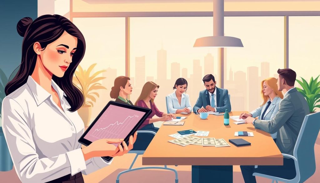 A visually engaging illustration representing the concept of credit card interest rates. In the foreground, feature a professional woman in business attire analyzing a digital tablet displaying a graph of fluctuating interest rates. In the middle ground, include a diverse group of people engaging in a discussion around a modern conference table, with financial documents and credit cards spread out. In the background, depict a warm, well-lit office environment with large windows showcasing a city skyline, symbolizing financial growth and stability. Use soft, natural lighting to create an inviting atmosphere. The image should convey a sense of professionalism and clarity, emphasizing the understanding of credit card interest rates as a crucial financial aspect.