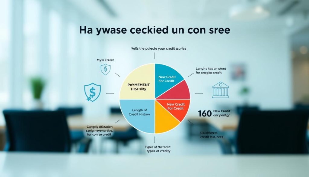 A visually engaging infographic depicting the key factors influencing credit scores. In the foreground, include a clear pie chart labeled with segments such as "Payment History," "Credit Utilization," "Length of Credit History," "New Credit," and "Types of Credit." Each segment should be color-coded for clarity. The middle layer features a subtle blend of icons representing myths and realities about credit scores, such as a shield for protection, a magnifying glass for scrutiny, and a bank for financial institutions. The background should have a softly blurred image of a modern office setting, suggesting a professional atmosphere. The lighting should be bright but soft, giving a clean and informative feel to the image. Use a shallow depth of field to focus on the chart and icons. The overall mood should be educational and trustworthy.