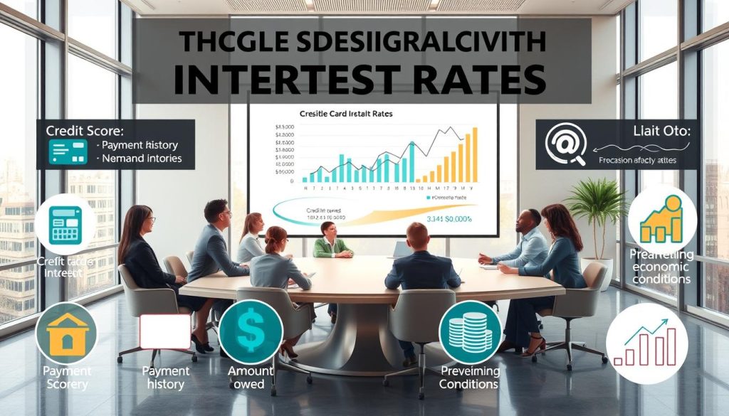 A visually engaging infographic-style image depicting the factors affecting credit card interest rates. In the foreground, include symbols or icons representing key factors such as credit score, payment history, amount owed, and prevailing economic conditions. In the middle ground, a diverse group of professionals in business attire discuss these factors around a large, elegant table, with charts and graphs displayed on a digital screen behind them to illustrate financial data. The background features a modern office setting with large windows allowing natural light to flood the room, creating an open and collaborative atmosphere. Use a balanced composition with soft, inviting colors to convey a sense of professionalism and clarity. The lighting should be bright and professional, enhancing the informative nature of the image.