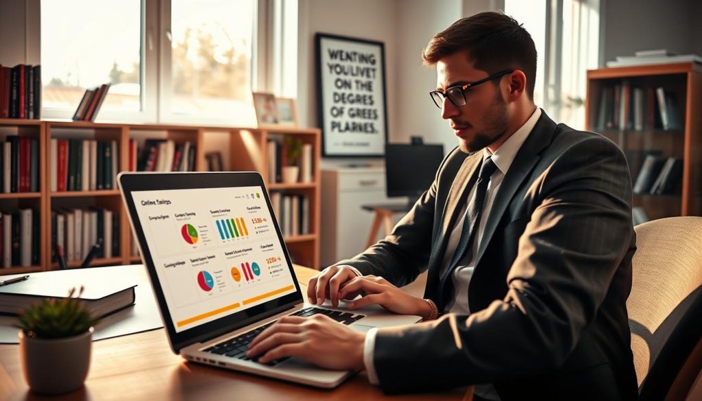A visually engaging scene depicting a professional individual in business attire sitting at a modern desk, reviewing online degree programs on a laptop. The foreground features a close-up view of the laptop screen displaying comprehensive, colorful charts and ratings of various online courses. In the middle ground, a bookshelf lined with educational materials and a framed inspirational quote about learning enhances the atmosphere. The background showcases a bright, well-lit home office with a large window letting in natural light, creating an inviting and motivating environment. The overall mood is focused and aspirational, reflecting the importance of identifying educational goals and requirements in the pursuit of a degree. Soft shadows and warm lighting evoke a sense of productivity.